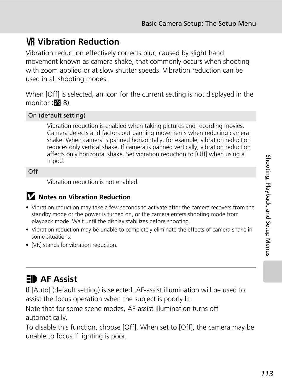 Vibration reduction, Af assist, C 113) | On (c 113), N (c 113), Bvibration reduction, Uaf assist | Nikon S51c User Manual | Page 127 / 191