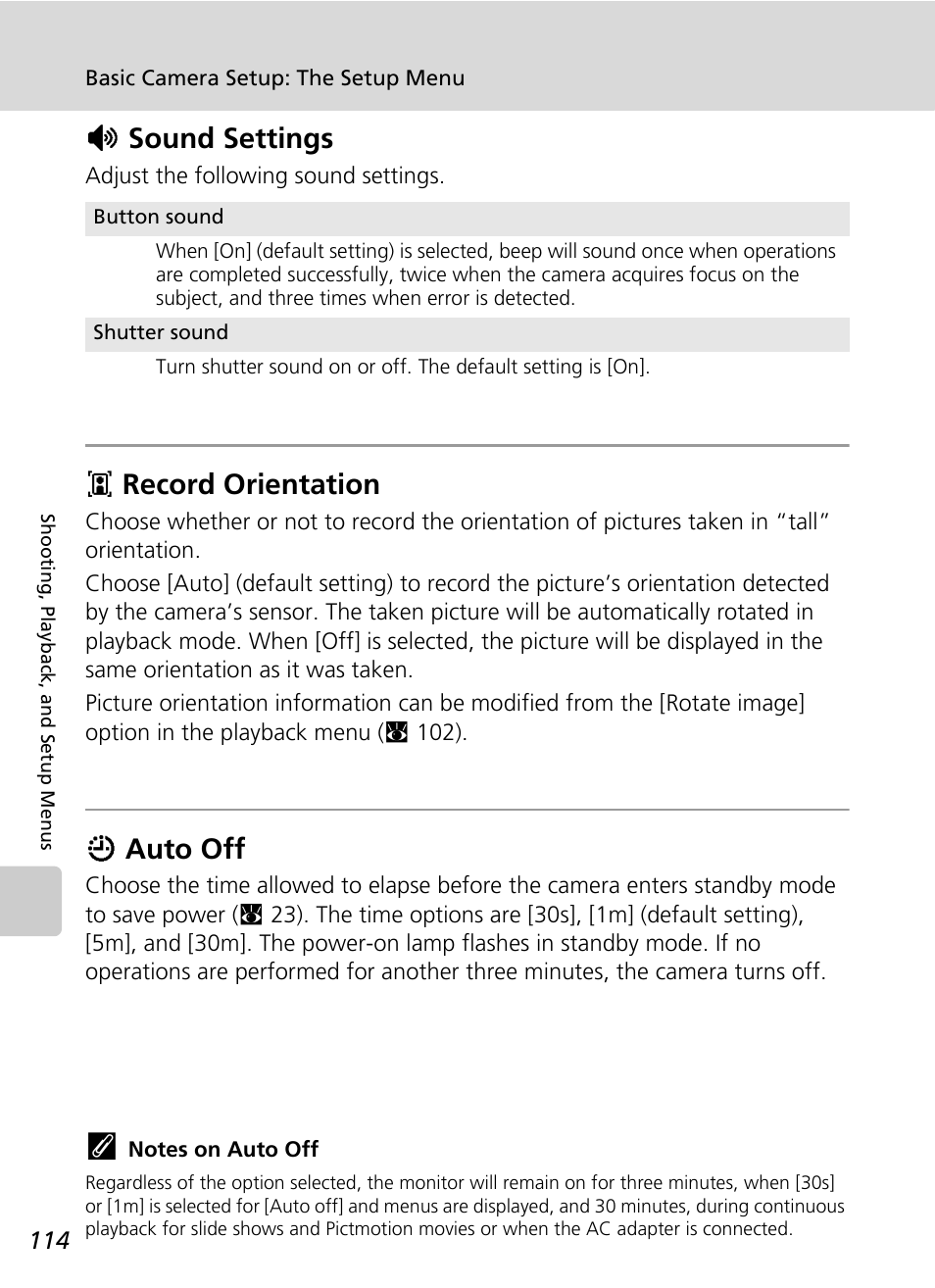 Sound settings, Record orientation, Auto off | C 114), Hsound settings, Irecord orientation, Iauto off | Nikon S51c User Manual | Page 128 / 191