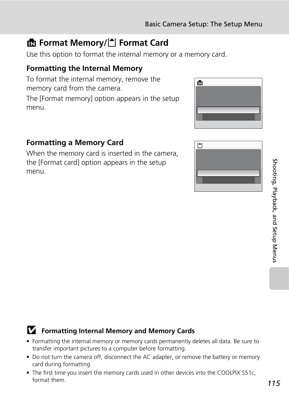 Format memory/format card, Format memory/o format card, C 115) | Nikon S51c User Manual | Page 129 / 191