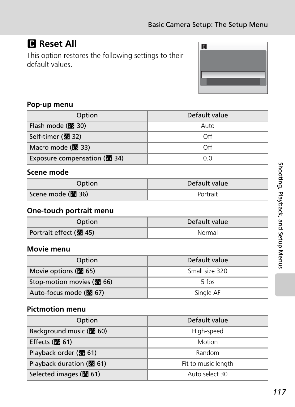 Reset all, Nreset all | Nikon S51c User Manual | Page 131 / 191