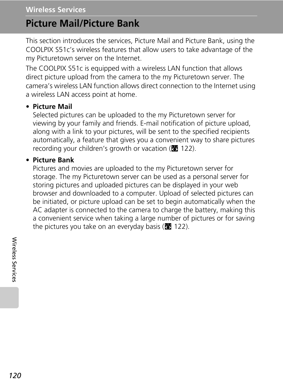 Wireless services, Picture mail/picture bank | Nikon S51c User Manual | Page 134 / 191