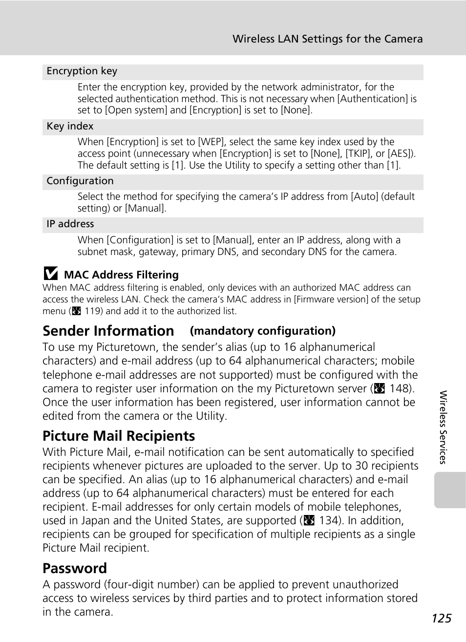 Sender information, Picture mail recipients, Password | Nikon S51c User Manual | Page 139 / 191