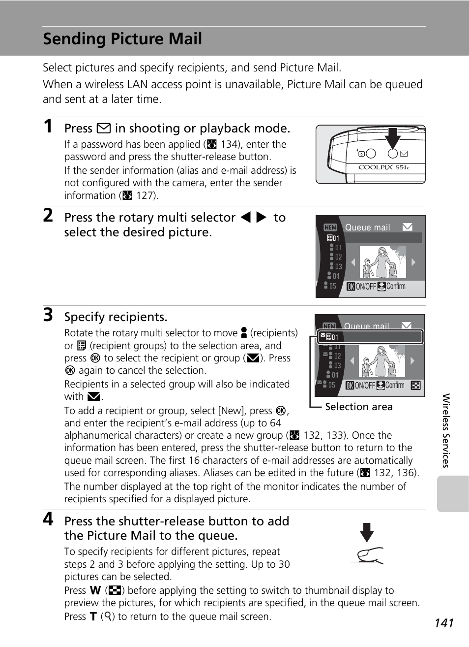 Sending picture mail, On (c 141), Sending | Picture, Mail, C 141), Press d in shooting or playback mode, Specify recipients | Nikon S51c User Manual | Page 155 / 191