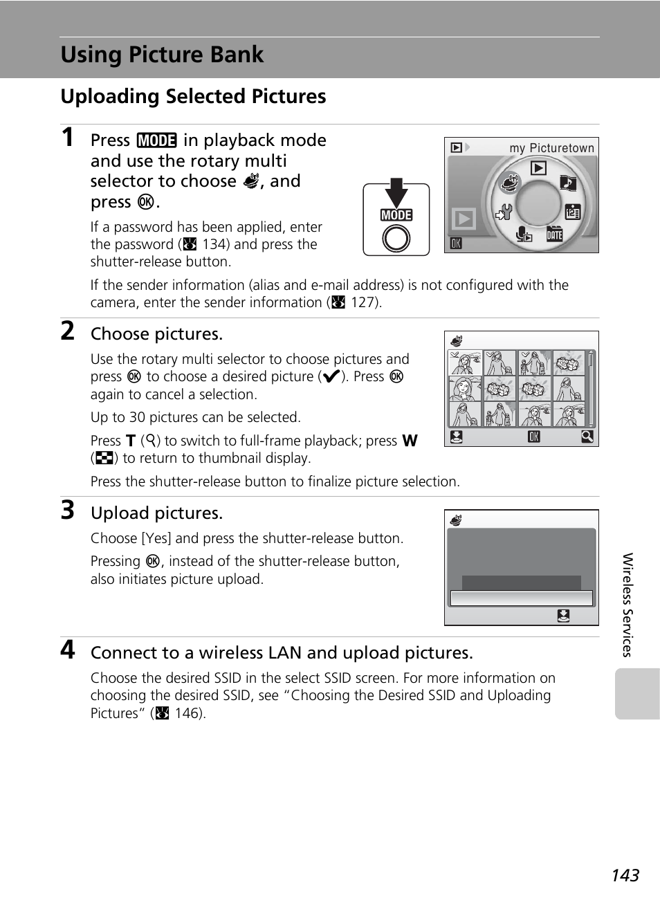 Using picture bank, Uploading selected pictures, C 143) | Using, Picture, Bank, Itiated (c 143, 1, C 143 | Nikon S51c User Manual | Page 157 / 191