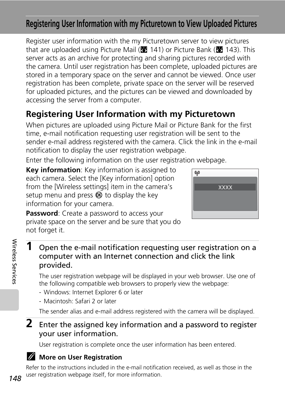 Registering user information with my picturetown, Registering, User | Information, With my, Picturetown, To view, Uploaded, Pictures, C 148) | Nikon S51c User Manual | Page 162 / 191