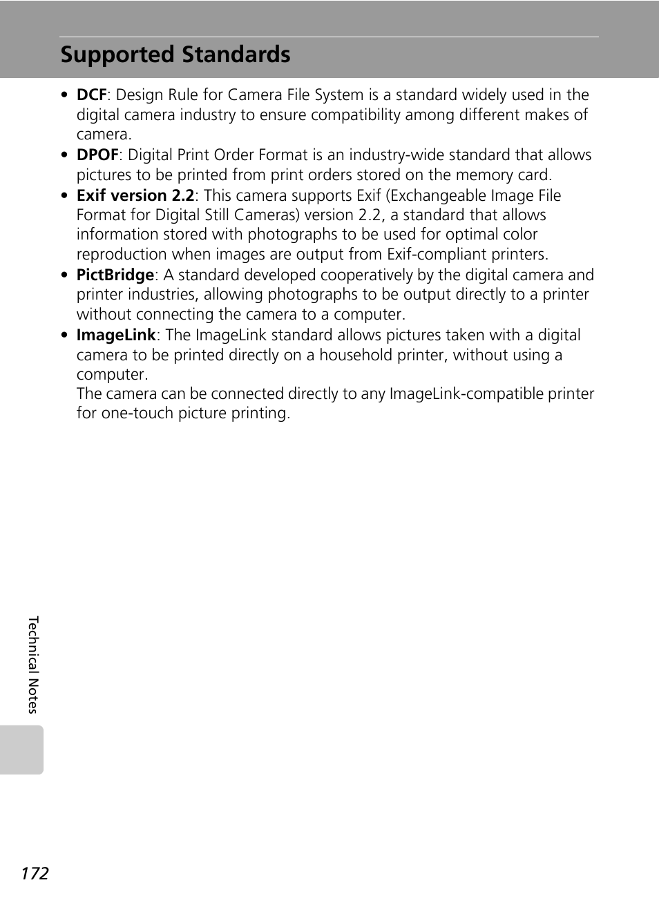 Supported standards, C 172) pri, C 172) | Nikon S51c User Manual | Page 186 / 191