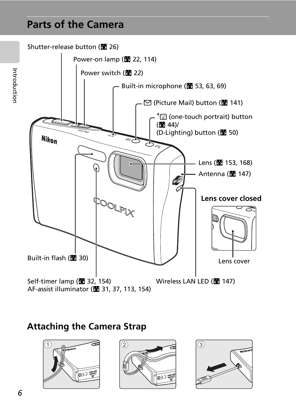 Parts of the camera, Attaching the camera strap | Nikon S51c User Manual | Page 20 / 191
