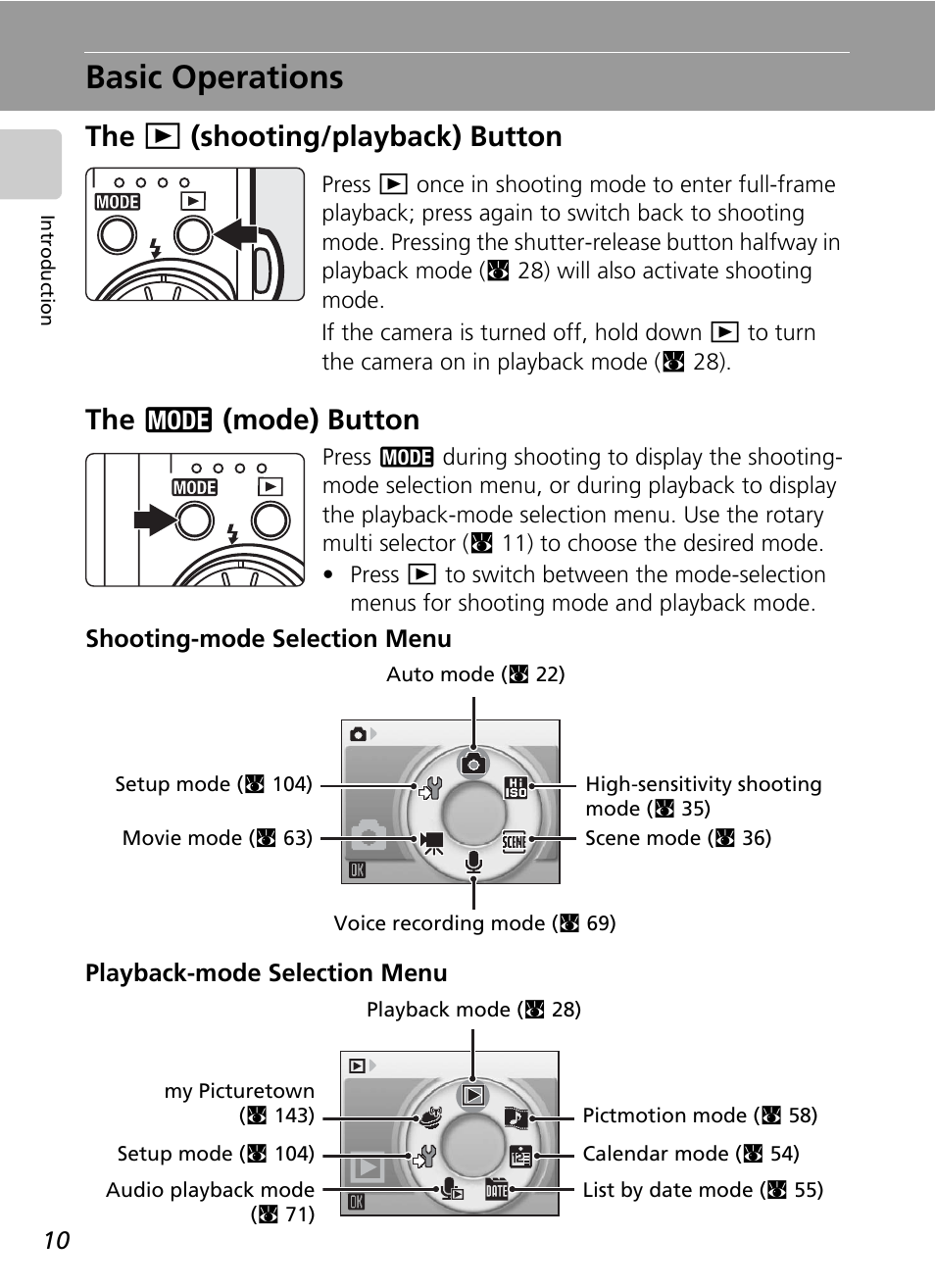 Basic operations, The (shooting/playback) button, The (mode) button | On (c 10, C 10) | Nikon S51c User Manual | Page 24 / 191