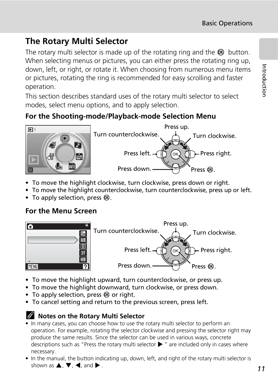 The rotary multi selector, C 11, C 11) to | For the shooting-mode/playback-mode selection menu, For the menu screen | Nikon S51c User Manual | Page 25 / 191