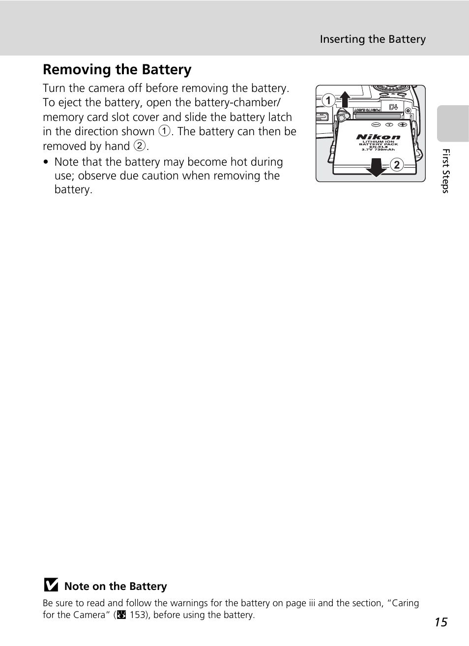 Removing the battery | Nikon S51c User Manual | Page 29 / 191