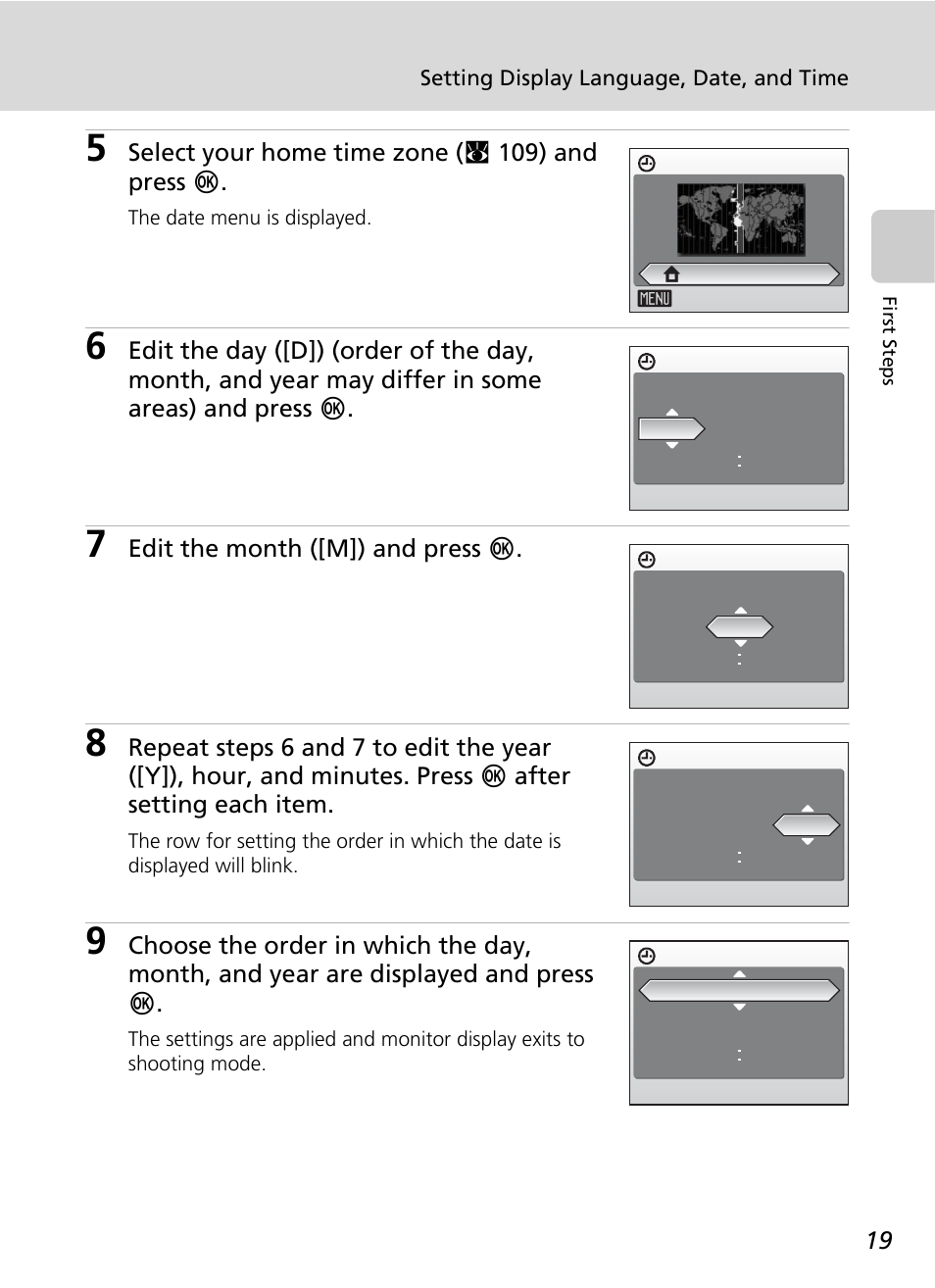 Select your home time zo ne (c 109) and press d, Edit the month ([m]) and press d | Nikon S51c User Manual | Page 33 / 191