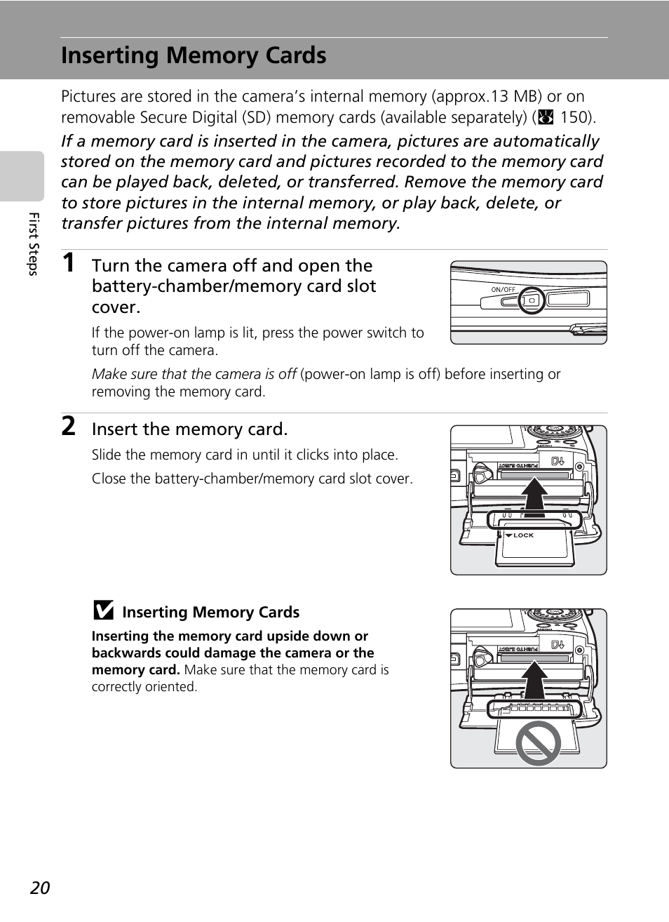 Inserting memory cards, C 20 | Nikon S51c User Manual | Page 34 / 191