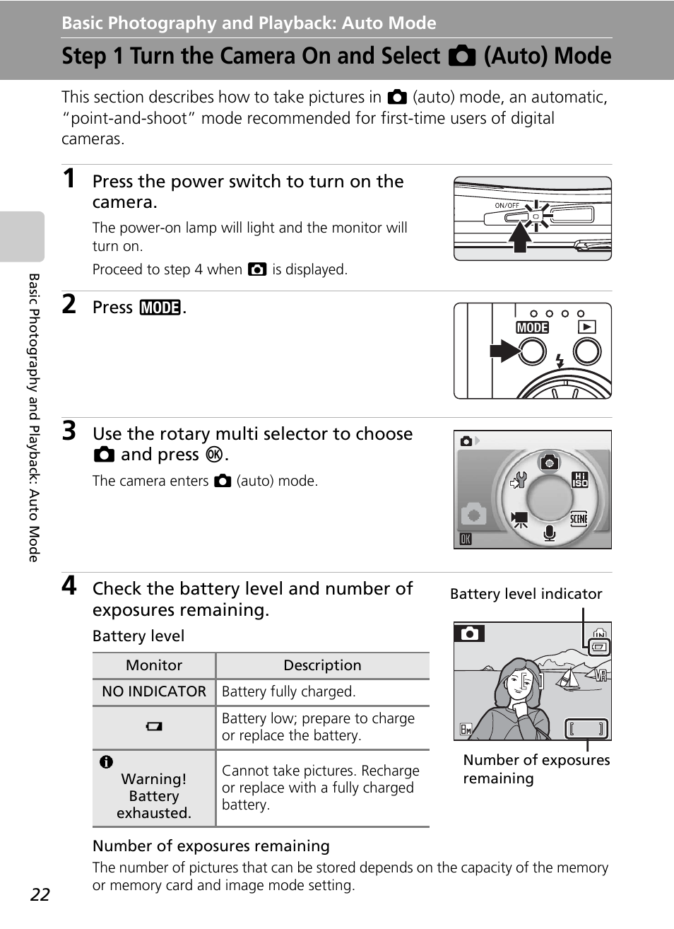 Basic photography and playback: auto mode, Step 1 turn the camera on and select (auto) mode, Basic photography and playback | Auto mode, Step 1 turn the camera on and select l (auto) mode, C 22, C 22) | Nikon S51c User Manual | Page 36 / 191