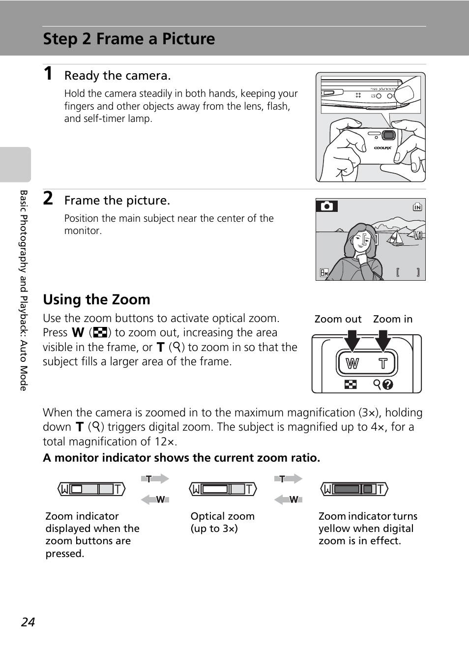 Step 2 frame a picture, C 24, Using the zoom | Nikon S51c User Manual | Page 38 / 191