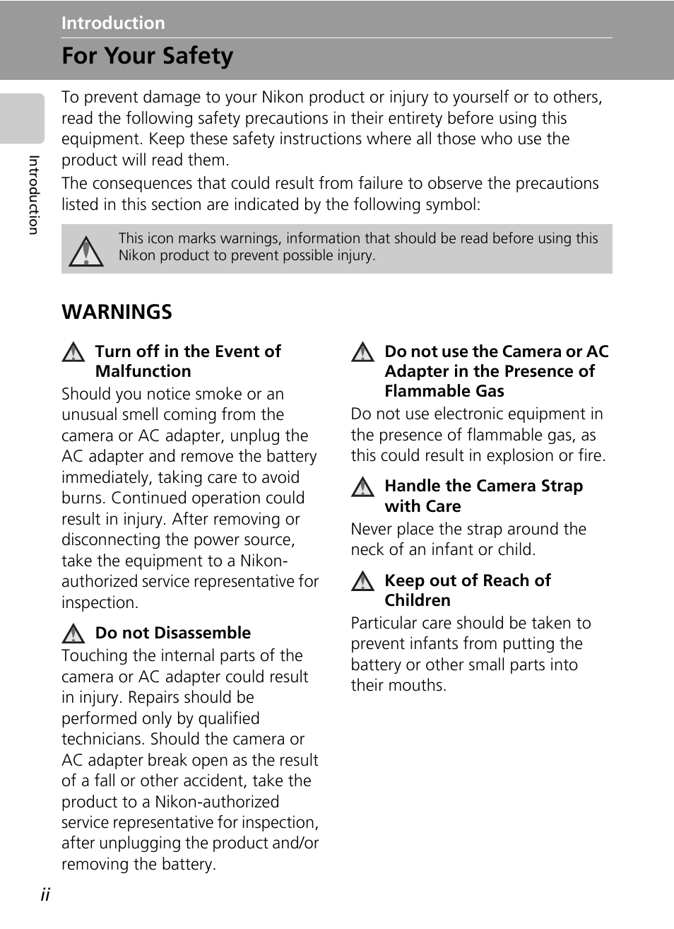 Introduction, For your safety, Warnings | Nikon S51c User Manual | Page 4 / 191