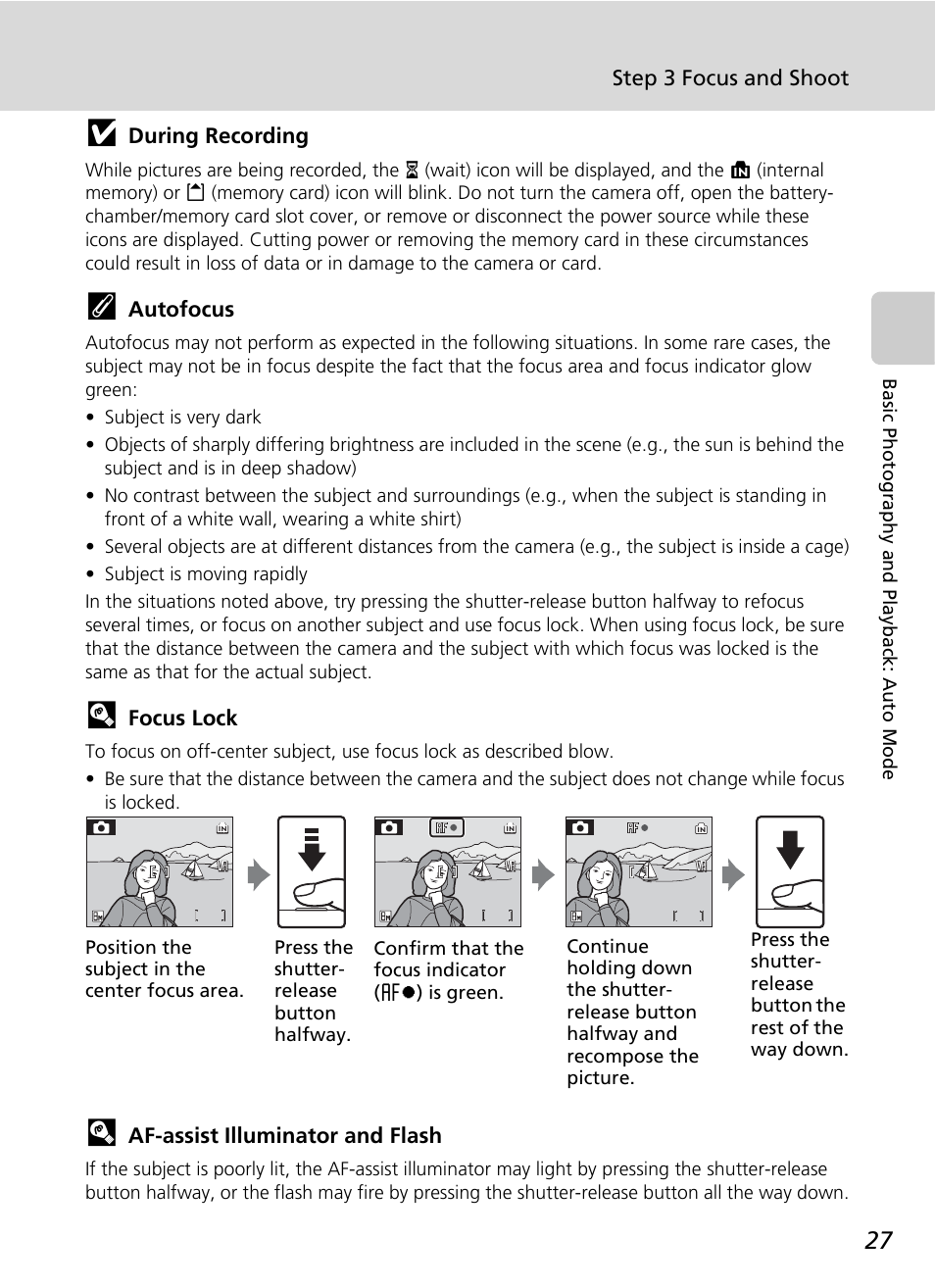 Step 3 focus and shoot, During recording, Autofocus | Focus lock, Af-assist illuminator and flash | Nikon S51c User Manual | Page 41 / 191