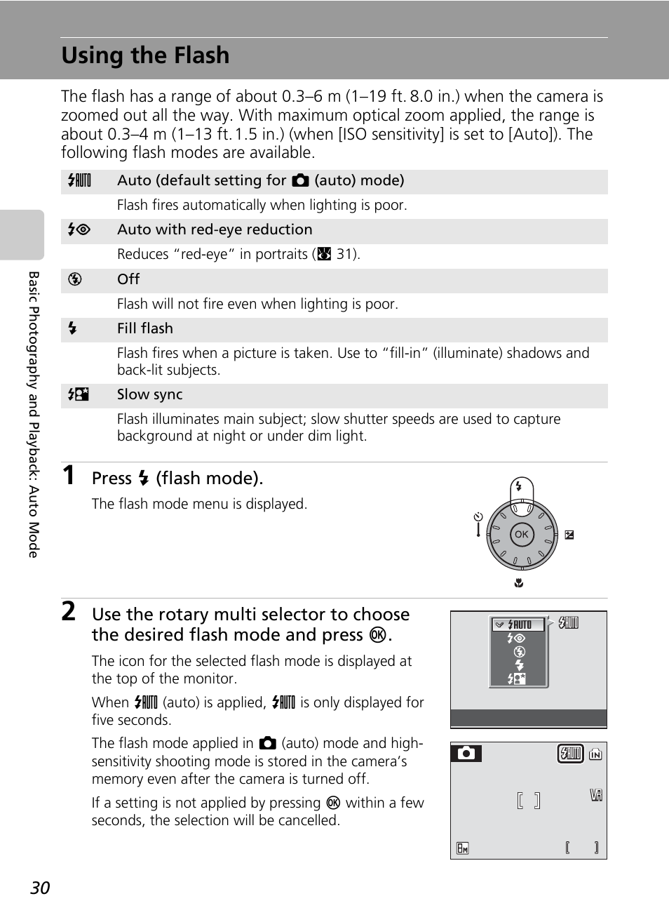 Using the flash, C 30, Press j (flash mode) | Nikon S51c User Manual | Page 44 / 191