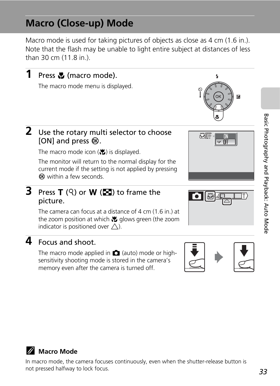 Macro (close-up) mode, O mode (c 33) and exposure | Nikon S51c User Manual | Page 47 / 191