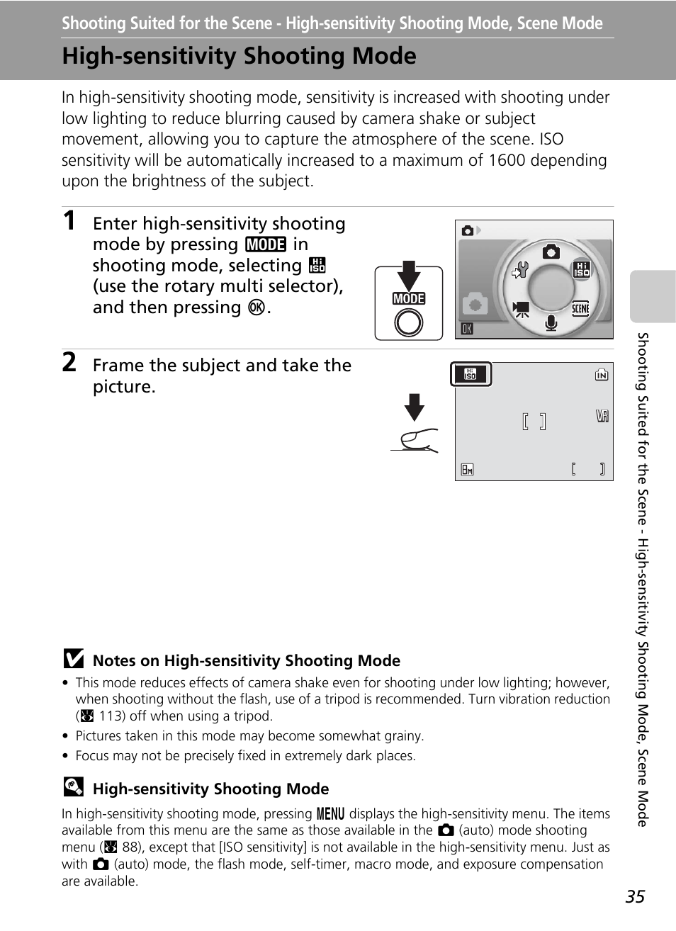 High-sensitivity shooting mode, Shooting suited for the scene, High-sensitivity shooting mode, scene mode | Scene mode, C 35) | Nikon S51c User Manual | Page 49 / 191