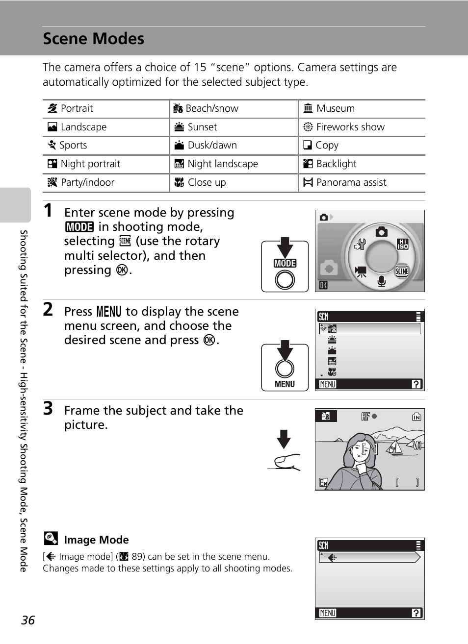 Scene modes, C 36), Frame the subject and take the picture | Nikon S51c User Manual | Page 50 / 191