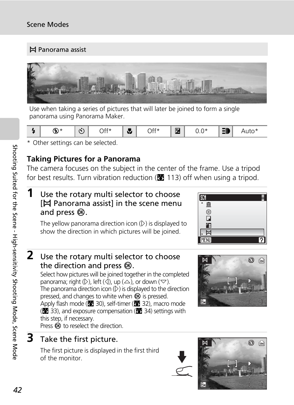 Taking pictures for a panorama, Take the first picture | Nikon S51c User Manual | Page 56 / 191
