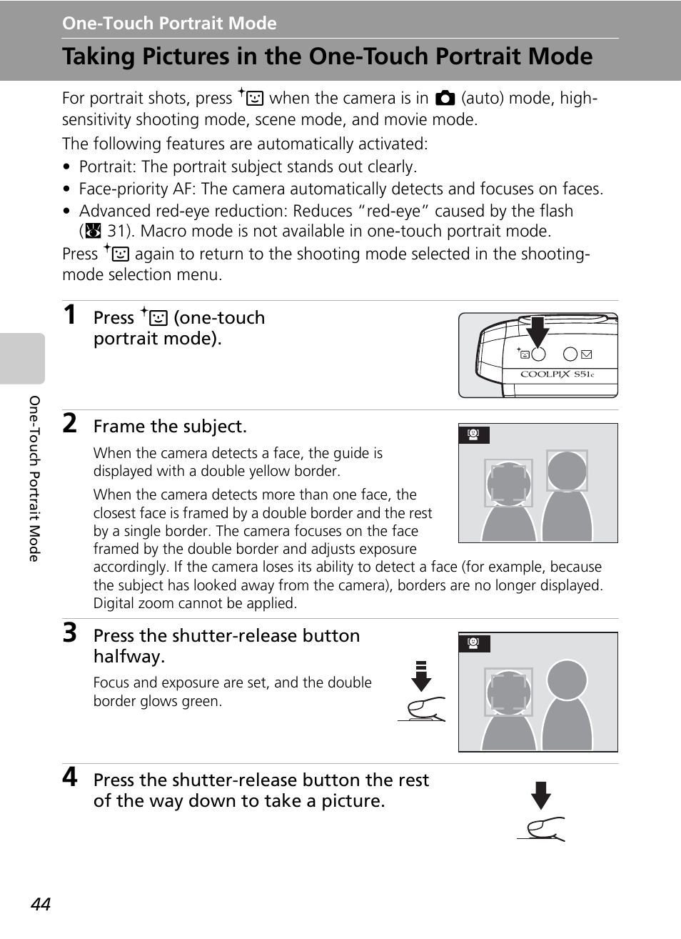 One-touch portrait mode, Taking pictures in the one-touch portrait mode, C 44 | Nikon S51c User Manual | Page 58 / 191