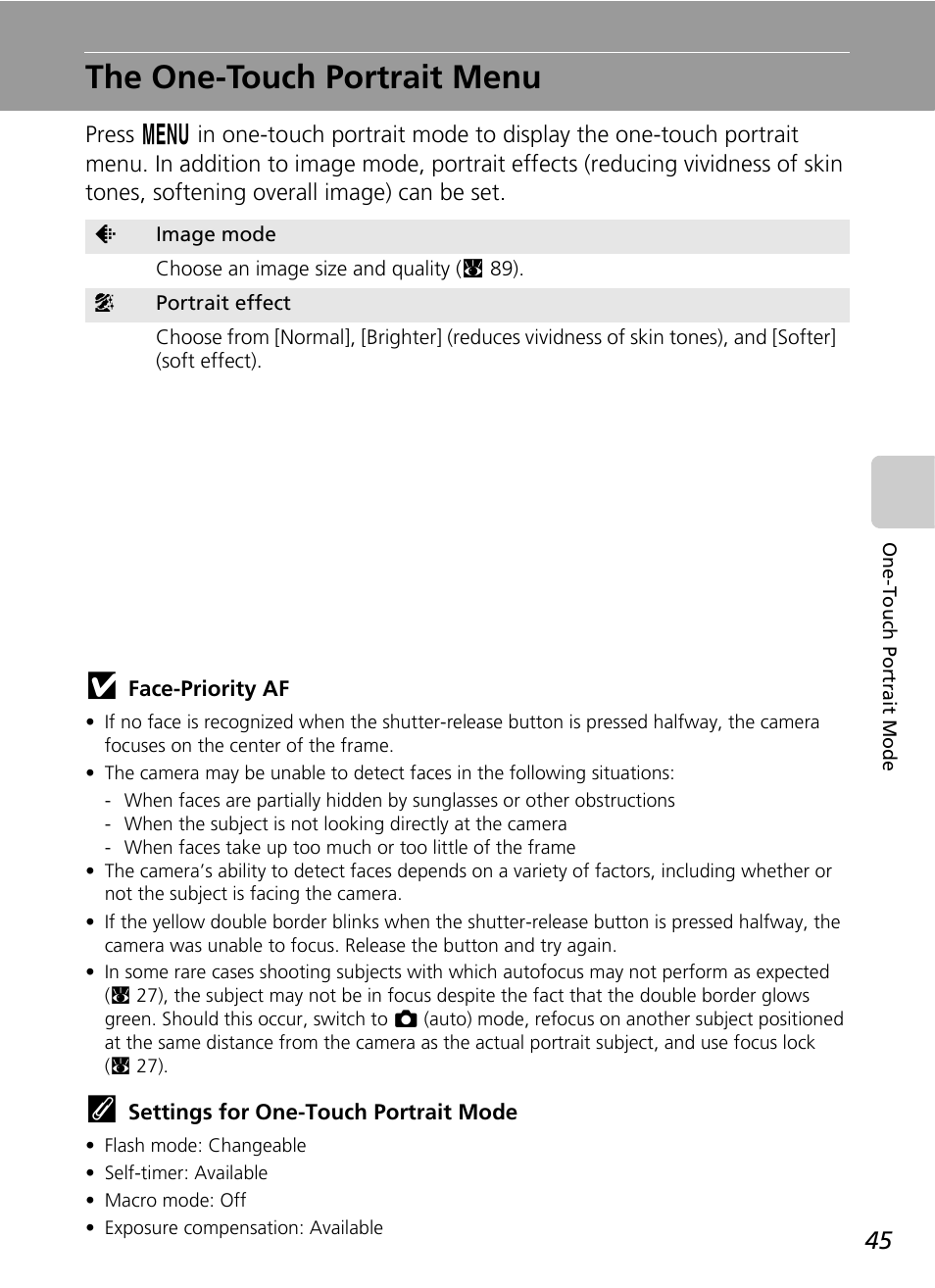 The one-touch portrait menu, C 45) | Nikon S51c User Manual | Page 59 / 191