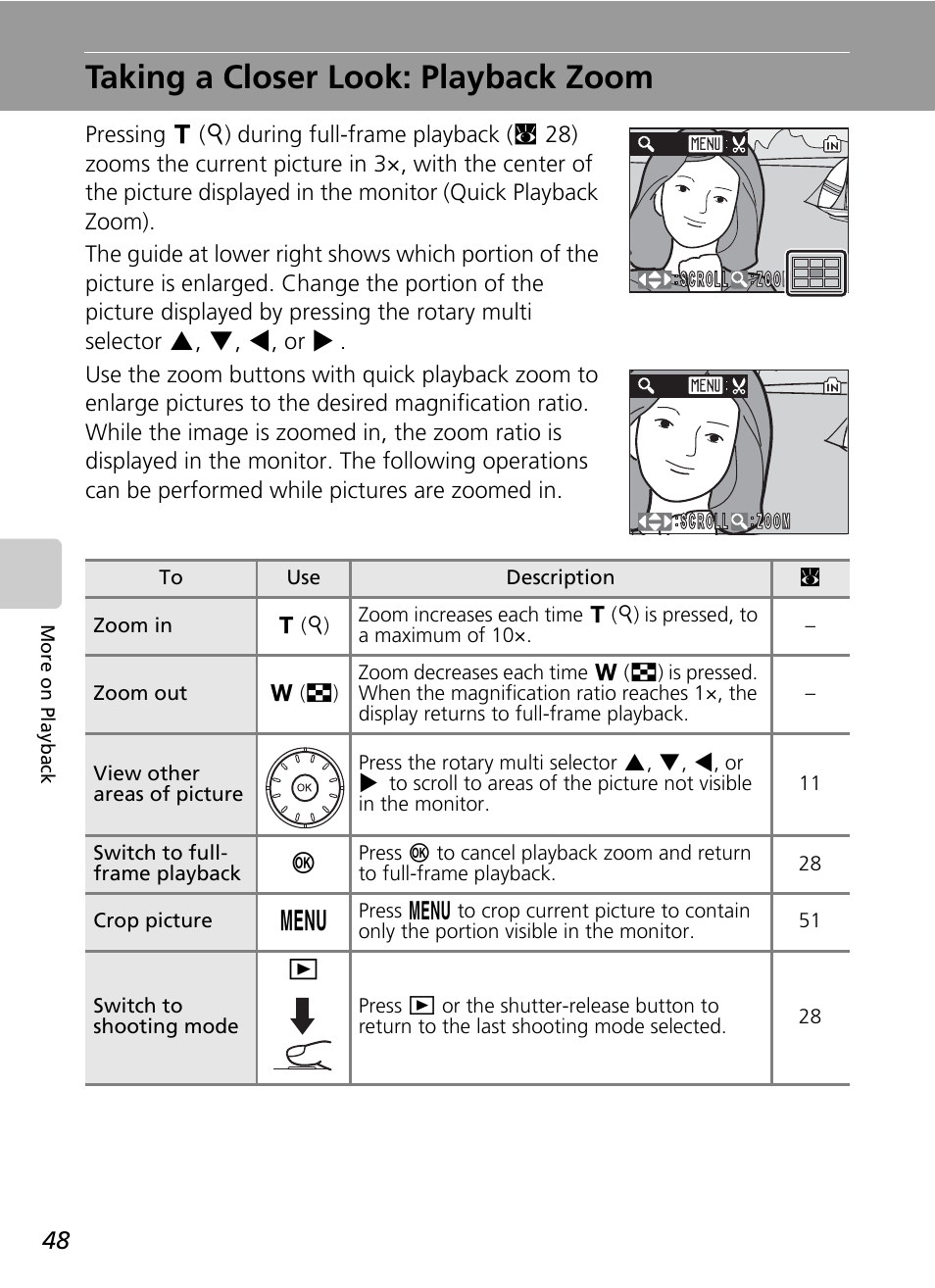 Taking a closer look: playback zoom, C 48, Om) (c 48 | Nikon S51c User Manual | Page 62 / 191
