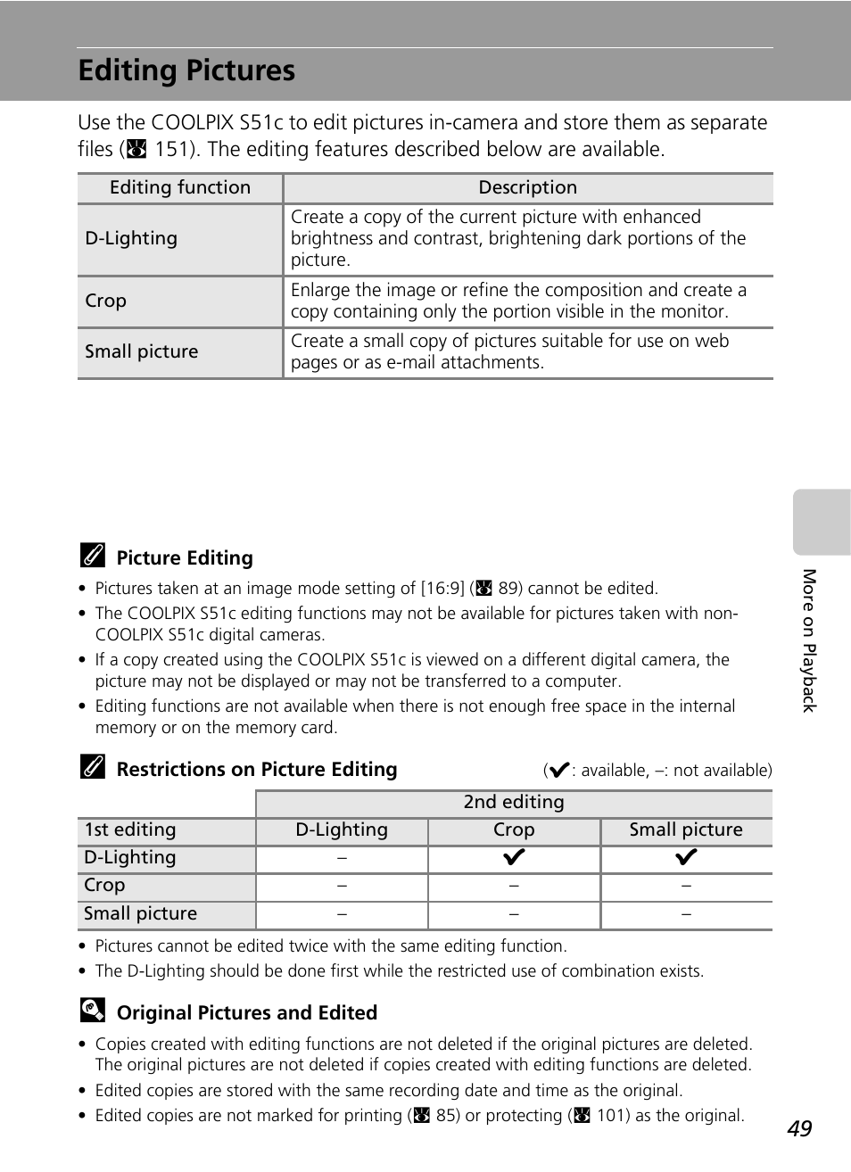 Editing pictures | Nikon S51c User Manual | Page 63 / 191