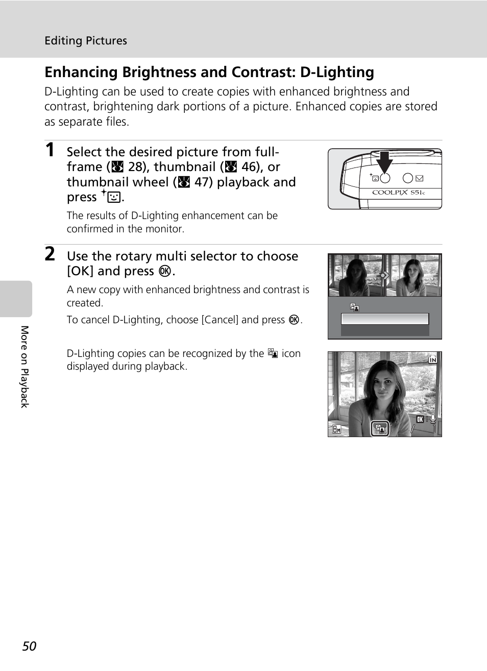 Enhancing brightness and contrast: d-lighting, C 50) | Nikon S51c User Manual | Page 64 / 191