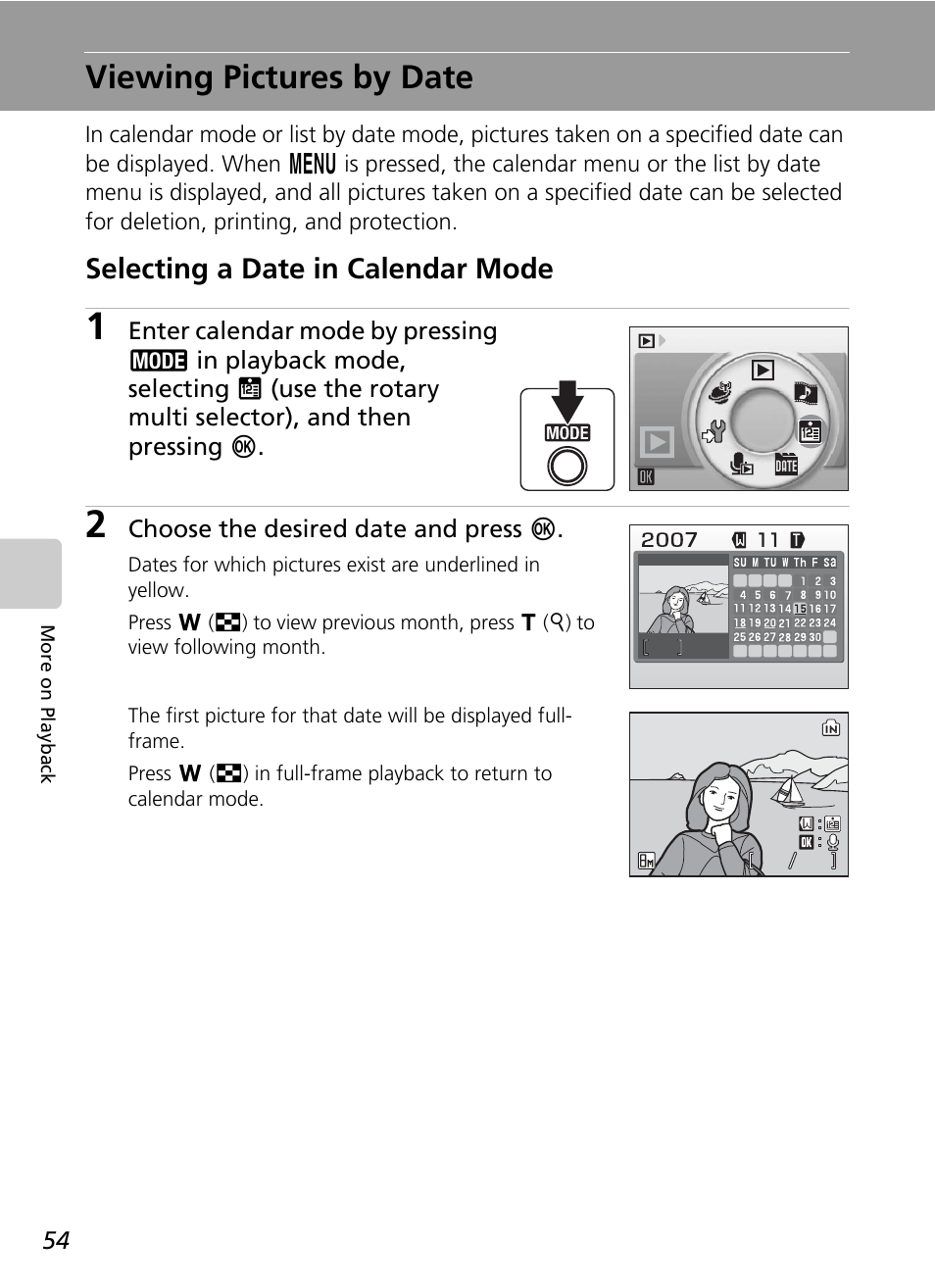 Viewing pictures by date, C 54, Selecting a date in calendar mode | Nikon S51c User Manual | Page 68 / 191