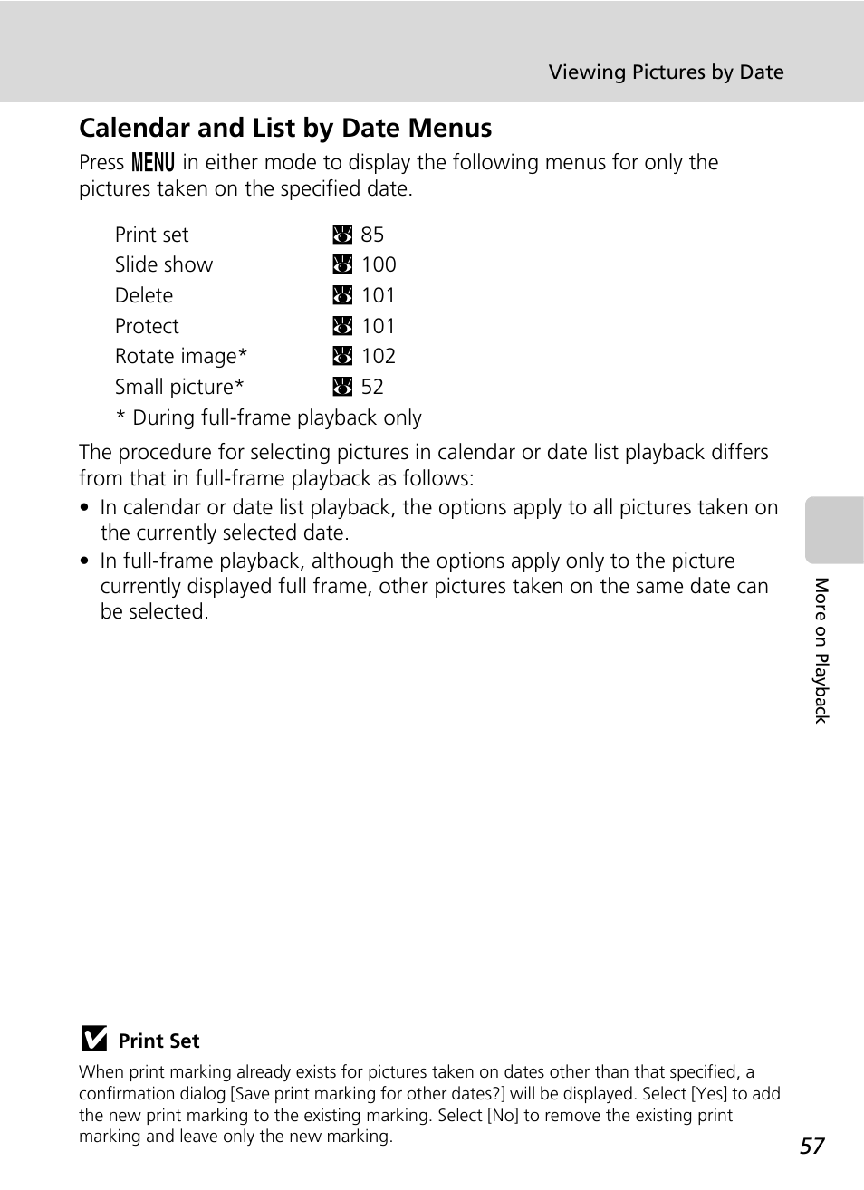 C 57), C 57, Calendar and list by date menus | Nikon S51c User Manual | Page 71 / 191