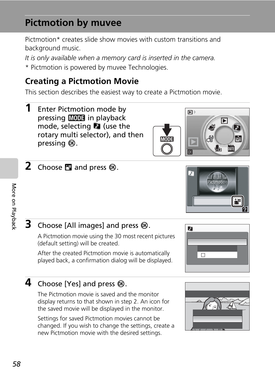 Pictmotion by muvee, C 58), Creating a pictmotion movie | Nikon S51c User Manual | Page 72 / 191