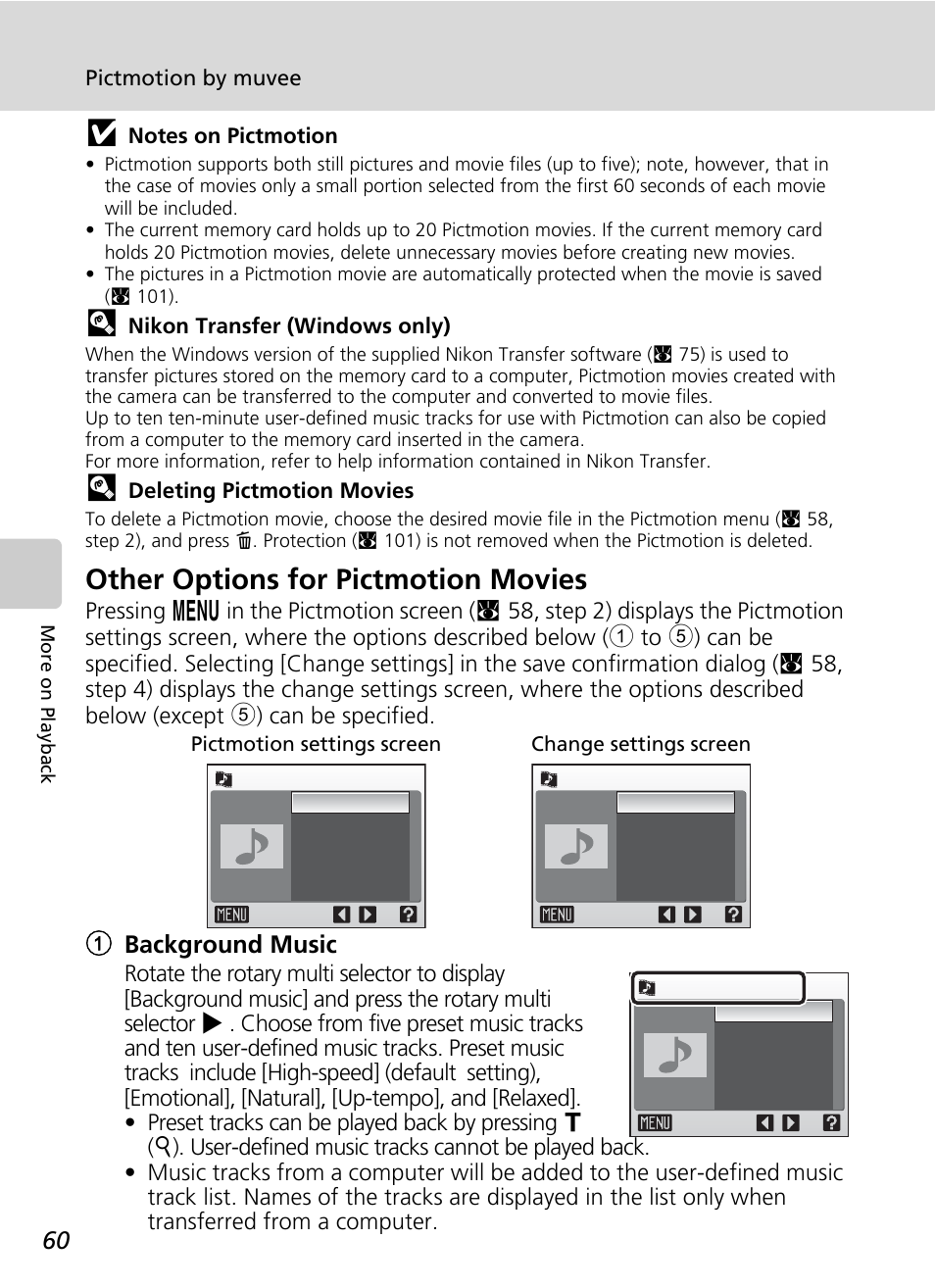 Other options for pictmotion movies, 1background music | Nikon S51c User Manual | Page 74 / 191