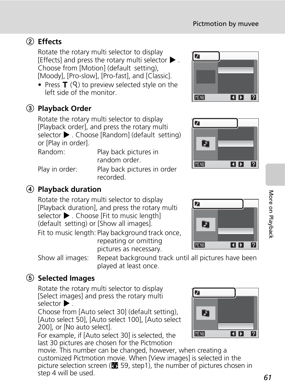 2effects, 3playback order, 4playback duration | 5selected images | Nikon S51c User Manual | Page 75 / 191