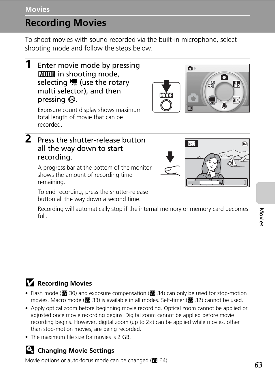 Movies, Recording movies, C 63 | Nikon S51c User Manual | Page 77 / 191