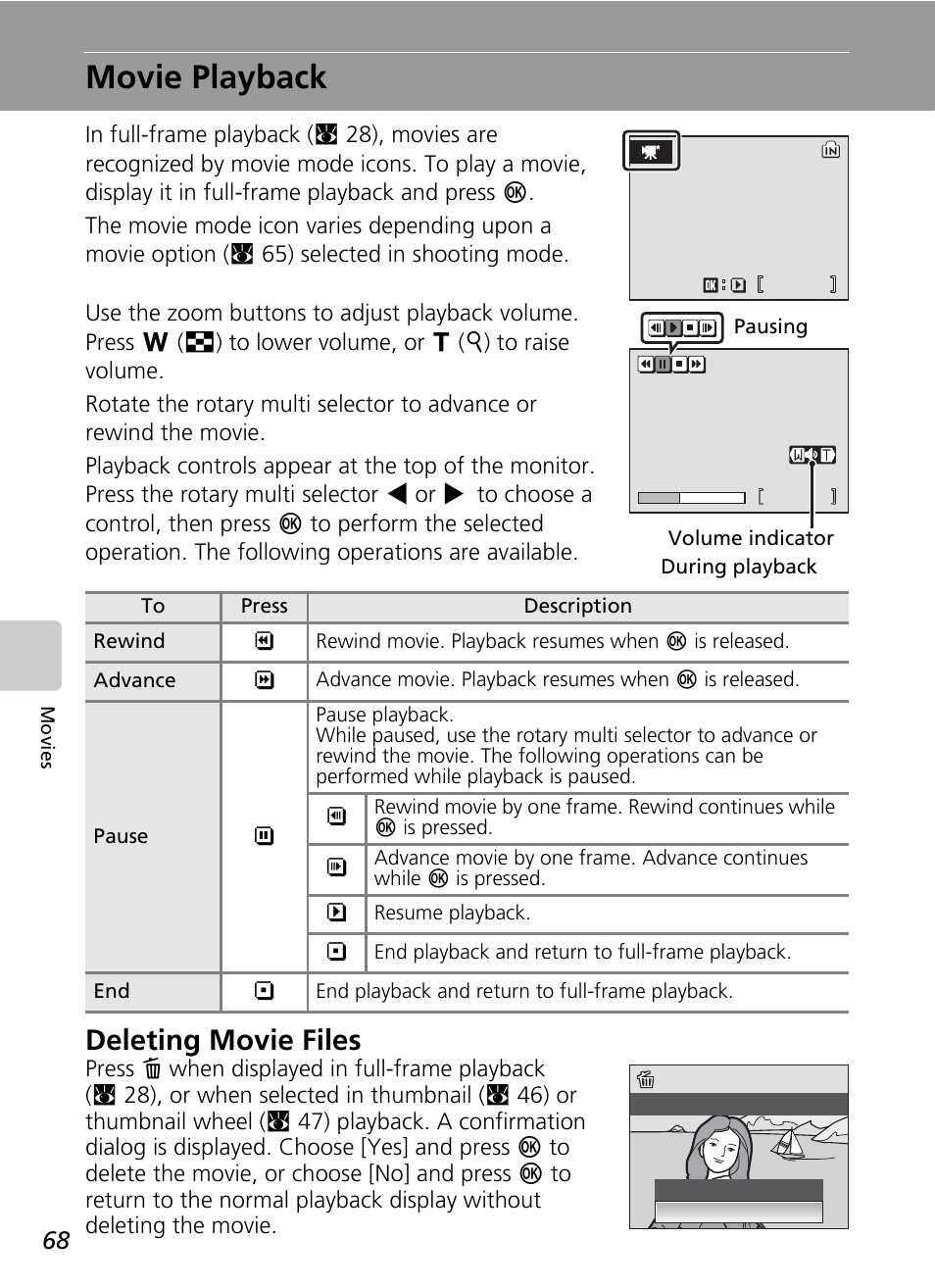 Movie playback, Deleting movie files | Nikon S51c User Manual | Page 82 / 191