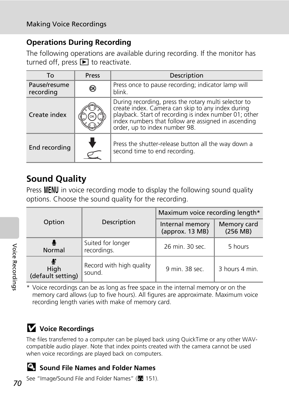 Sound quality, Operations during recording | Nikon S51c User Manual | Page 84 / 191