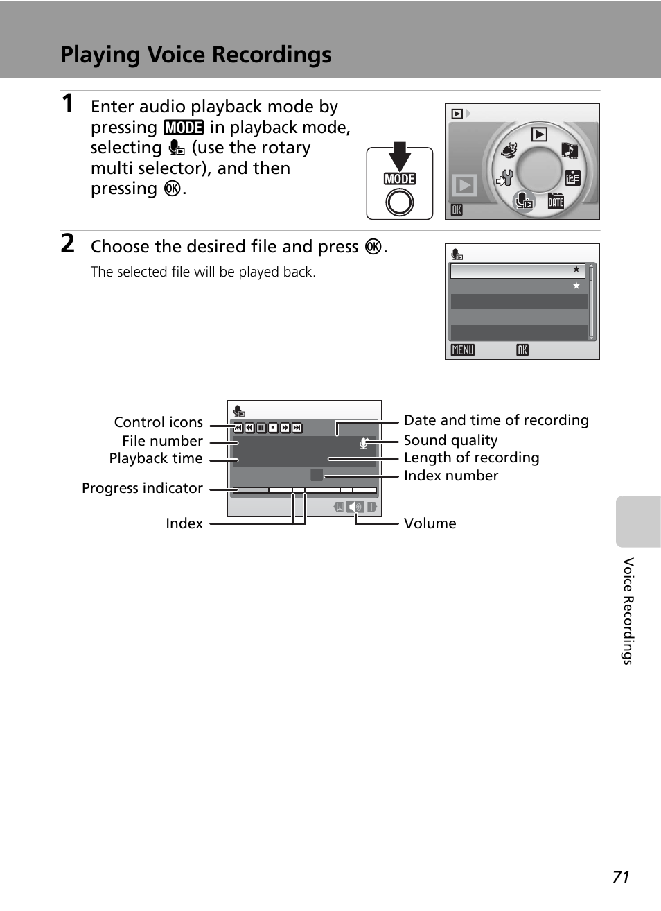 Playing voice recordings, C 71), Choose the desired file and press d | Nikon S51c User Manual | Page 85 / 191