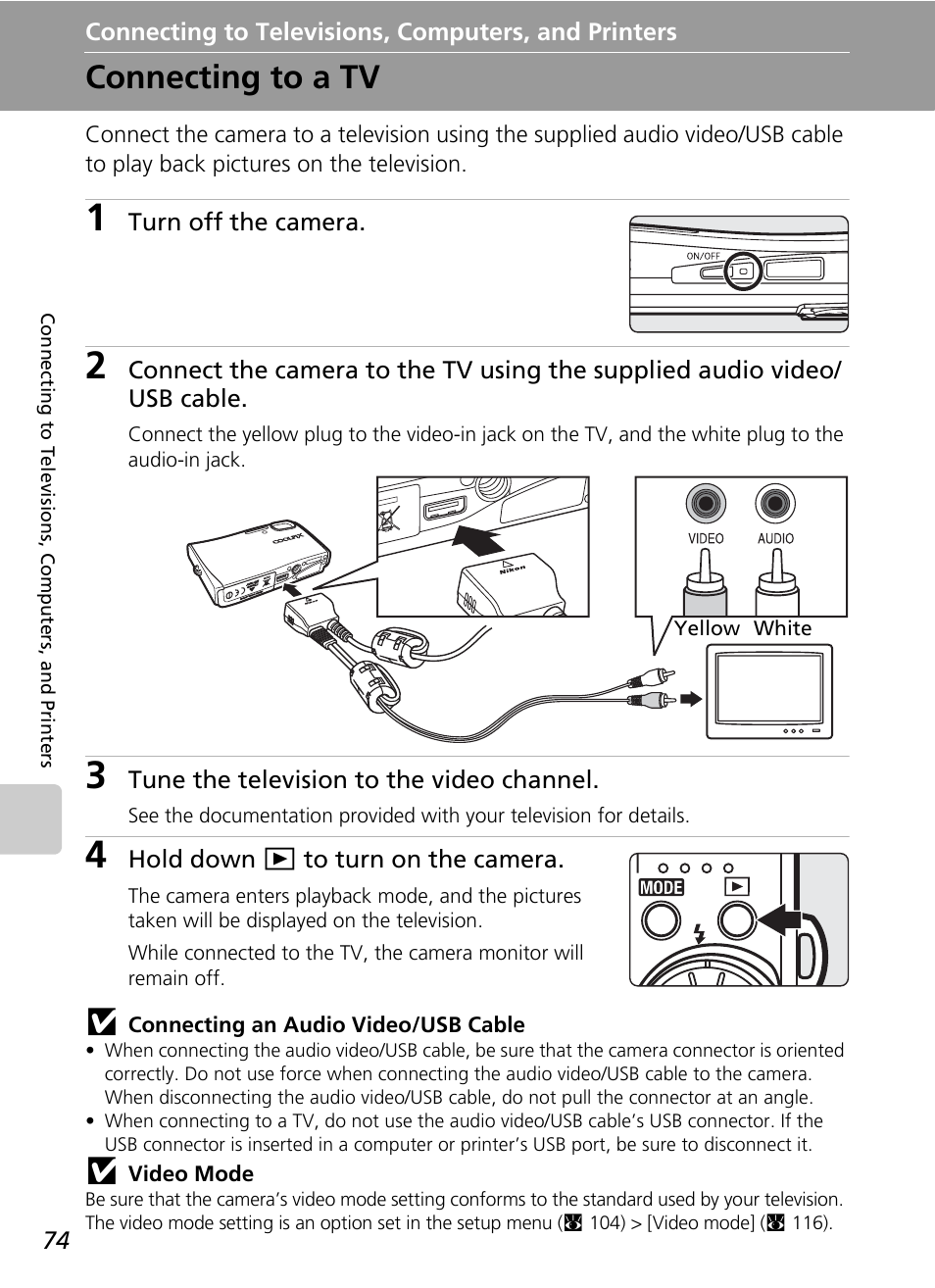 Connecting to televisions, computers, and printers, Connecting to a tv, C 74, 76 | Nikon S51c User Manual | Page 88 / 191