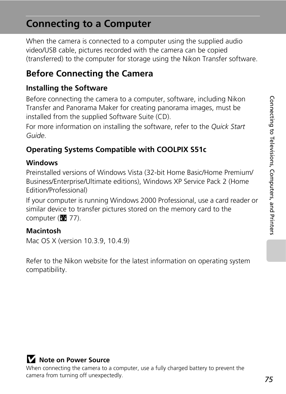Connecting to a computer, Before connecting the camera, C 75) and | C 75 | Nikon S51c User Manual | Page 89 / 191