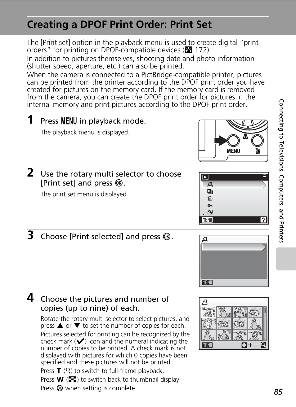 Creating a dpof print order: print set, Print set, Ng (c 85) | C 85), C 85 | Nikon S51c User Manual | Page 99 / 191