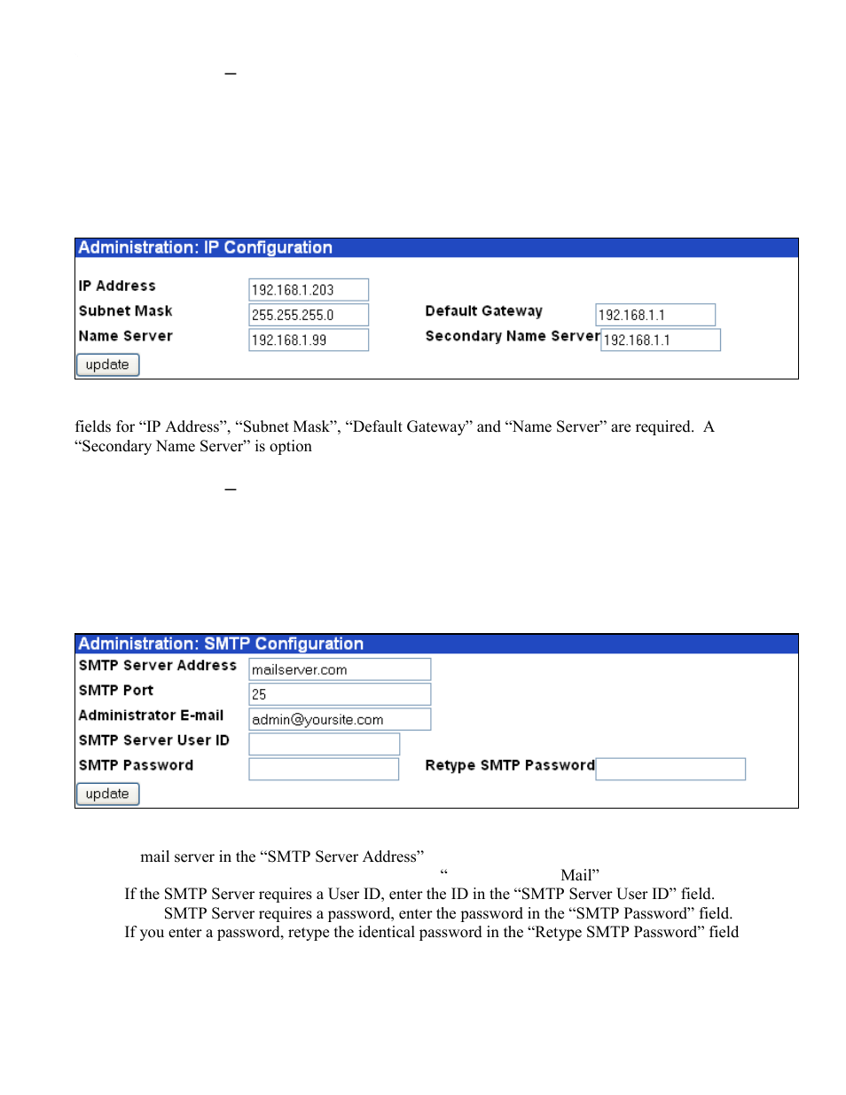 Administration – ip configuration, Administration – smtp configuration | N-Tron 102RAS User Manual | Page 21 / 30
