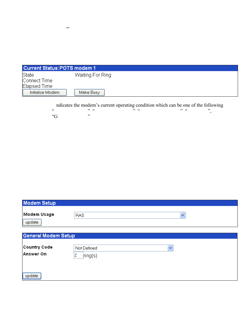 Current status – pots modem 1 modem setup, Current status – pots modem 1, Modem setup | N-Tron 102RAS User Manual | Page 25 / 30
