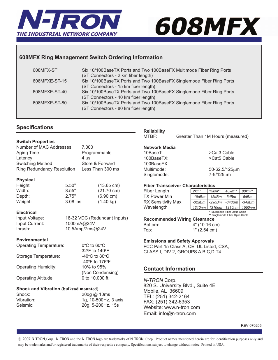 608mfx ring management switch ordering information, Specifications, Contact information | N-Tron 608MFX User Manual | Page 2 / 2