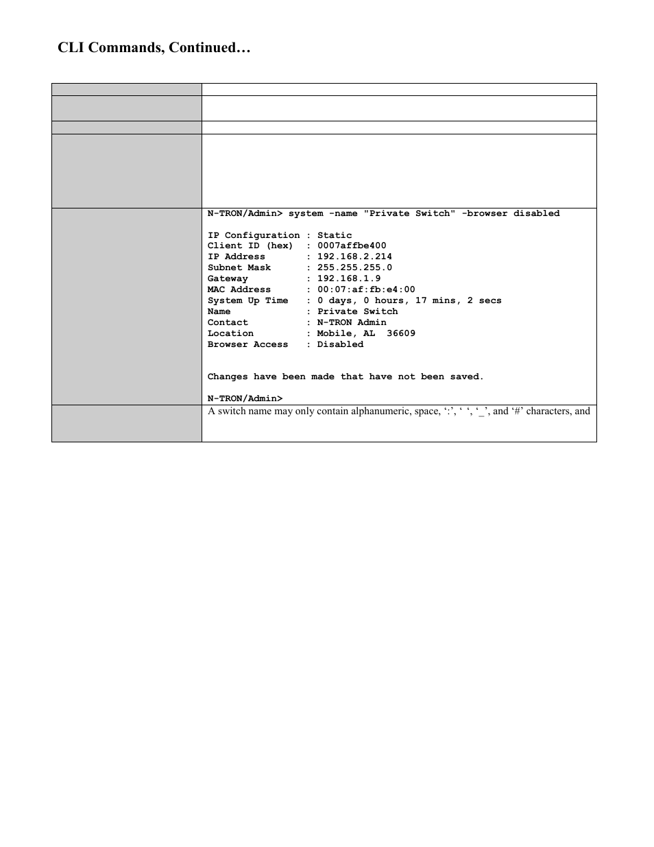 Show or set system configuration, Cli commands, continued | N-Tron 708M12 User Manual | Page 138 / 156