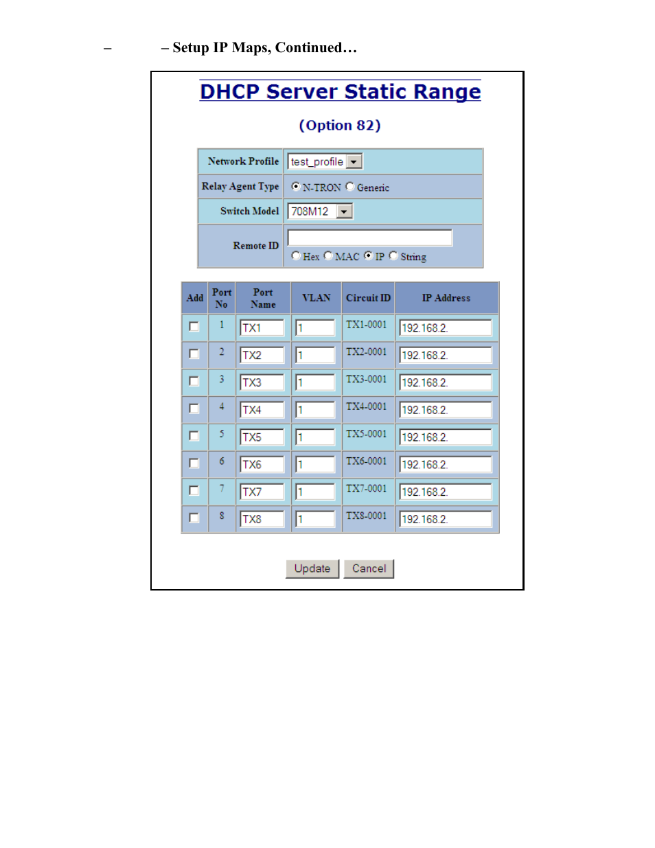 Dhcp – server – setup ip maps, continued | N-Tron 708M12 User Manual | Page 36 / 156