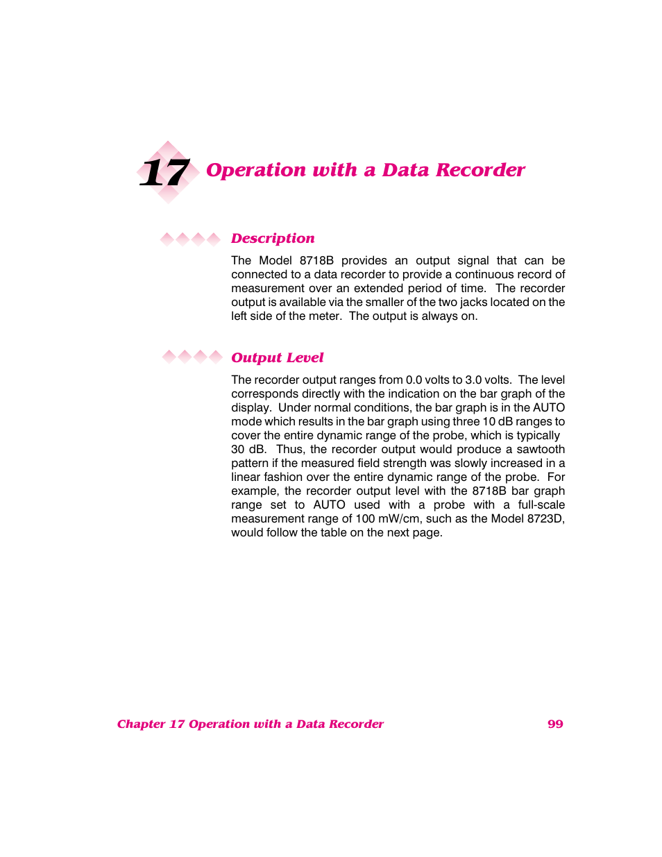 Operation with a data recorder, Description, Output level | NARDA 8718B User Manual | Page 100 / 137