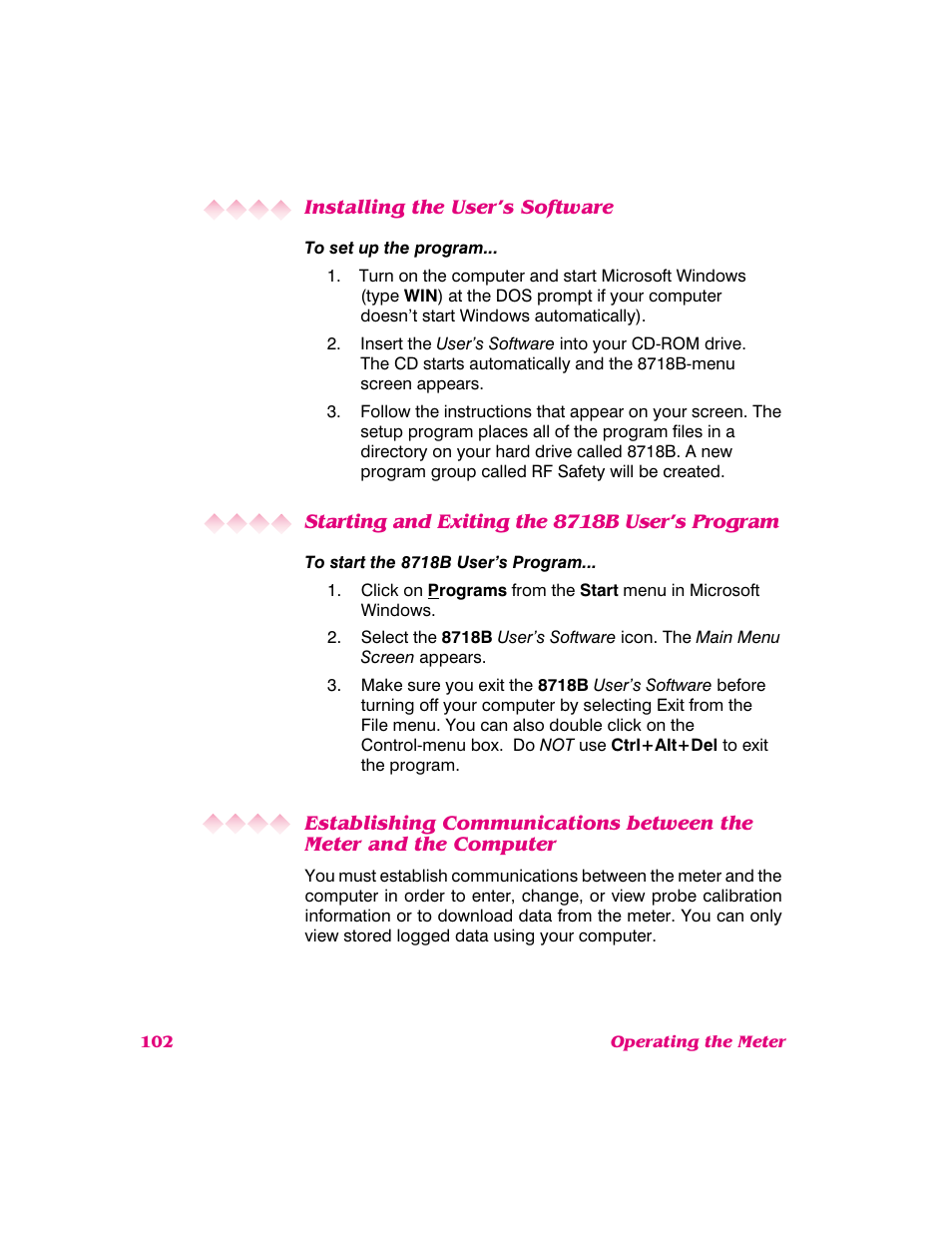 Installing the user’s software, Starting and exiting the 8718b user’s program | NARDA 8718B User Manual | Page 103 / 137