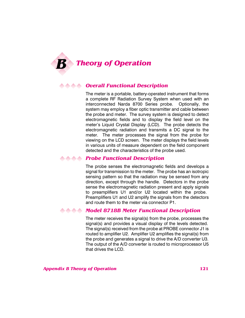 Appendix b: theory of operation, Overall functional description, Probe functional description | Model 8718b meter functional description, Theory of operation | NARDA 8718B User Manual | Page 122 / 137